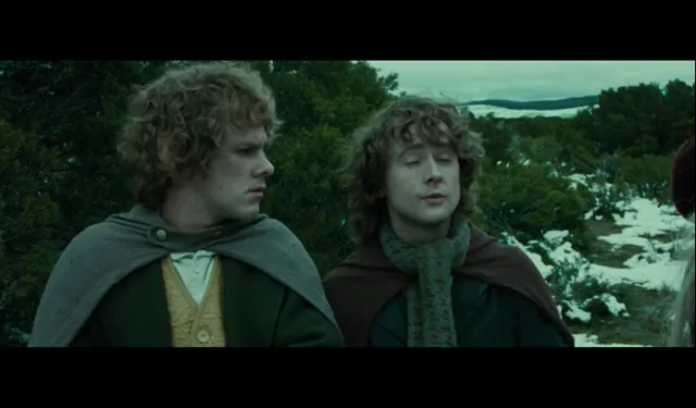 Two hobbit characters, Merry and Pippin, stand side by side in cloaks against a snowy, wooded landscape in a scene from Lord of the Rings. Their expressions are attentive and slightly concerned.